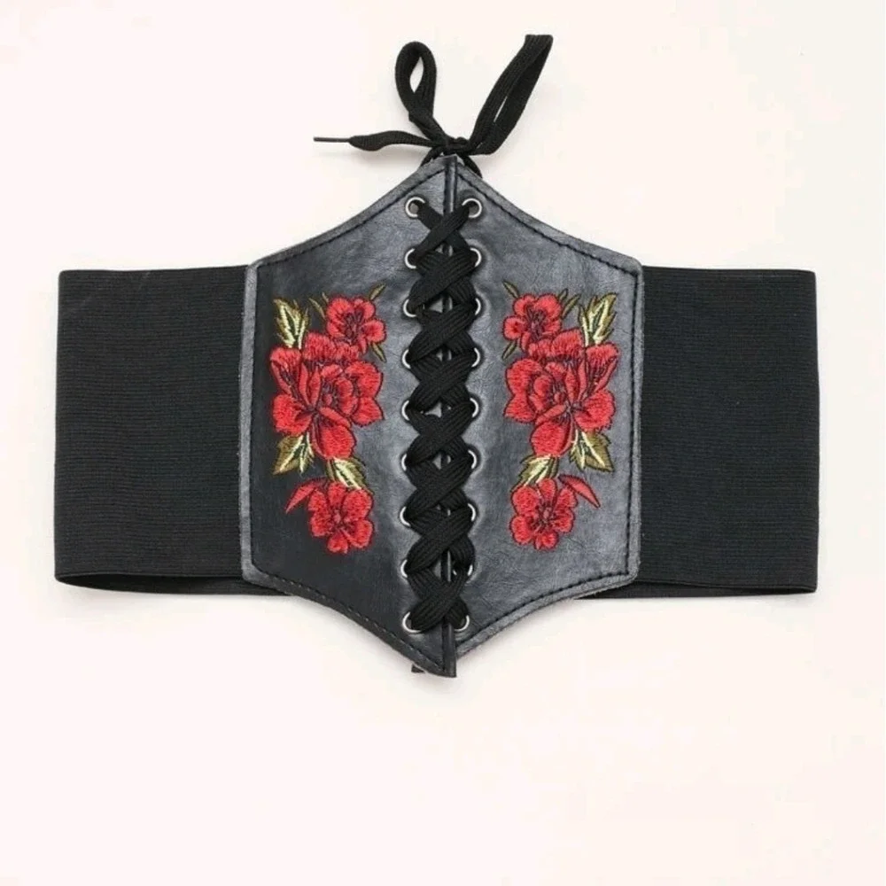 Floral Embroidered Corset Boho Black Waist Belt Elastic Western Whimsigoth